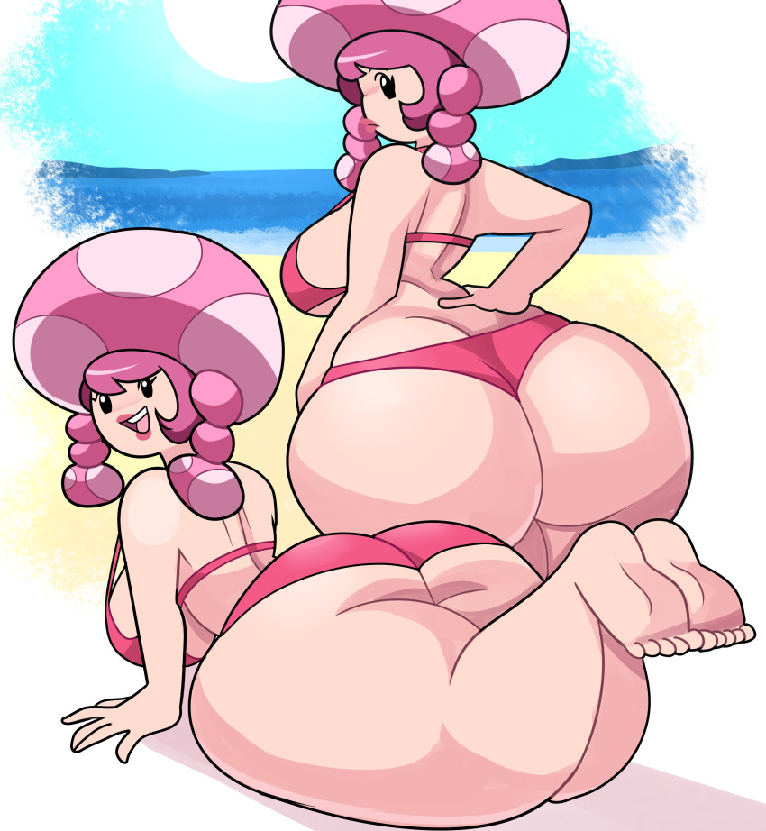 1girl absurd_res ass ass_cleavage beach big_ass bikini bottom_heavy breasts bubble_butt butt_crack clothing fat_ass hair high_res huge_ass humanoid mario_(series) nintendo not_furry pink_bikini pink_clothing pink_hair pink_swimwear presenting presenting_hindquarters rear_view seaside sexy sexy_ass sexy_body sexy_breasts shortstack super_mario_bros. superspoe swimwear thick_thighs toadette video_games wide_hips