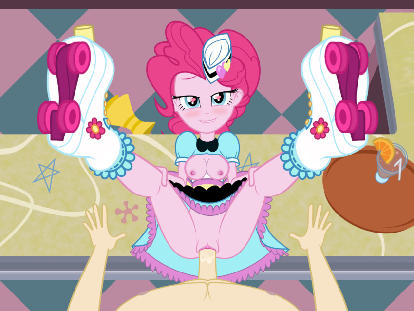 1boy 1girl biting_lip blush breasts clothed_female_nude_male dress equestria_girls exposed_breasts female friendship_is_magic hairless_pussy legs_up long_hair male male/female my_little_pony no_panties penis_in_pussy pink_hair pinkie_pie pinkie_pie_(mlp) roller_skates sex upskirt vaginal vaginal_penetration vaginal_sex