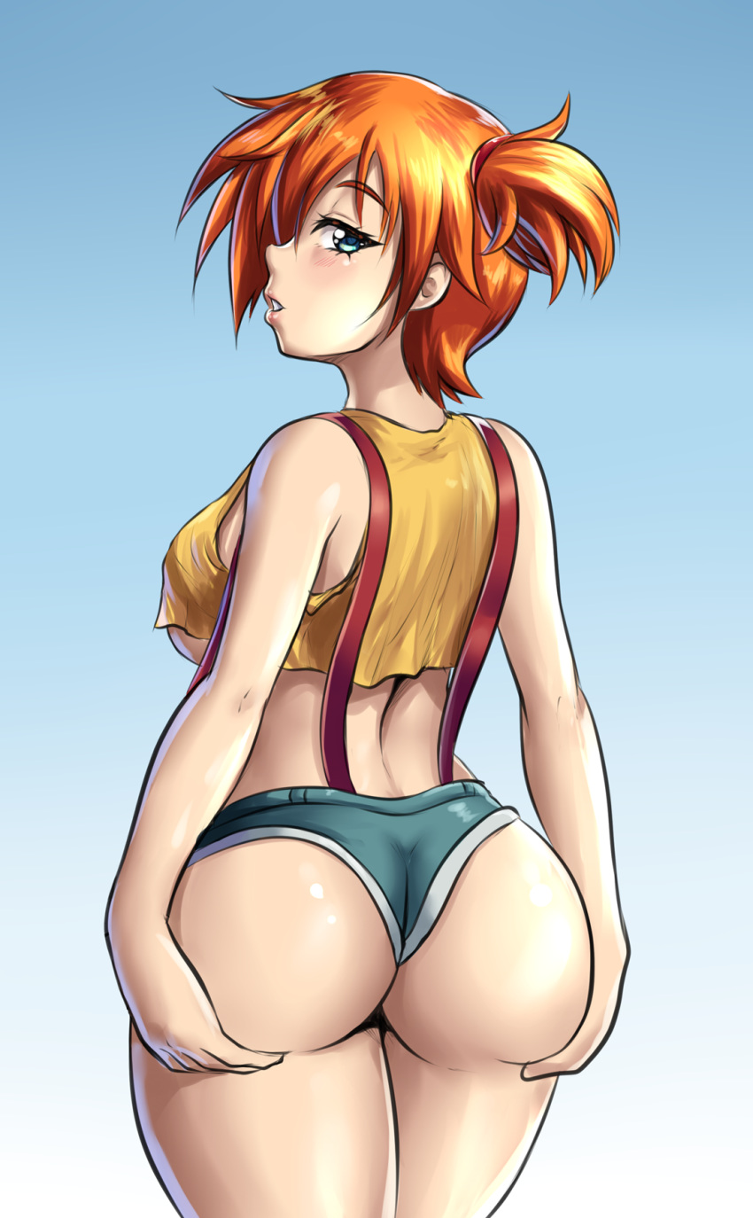 1_girl 1girl ass ass_focus ass_grab blue_eyes clothed female female_human female_only huge_ass human kasumi_(pokemon) looking_at_viewer looking_back misty misty_(pokemon) naughty_face orange_hair pokemon pokemon_(anime) short_hair short_shorts solo standing suspenders