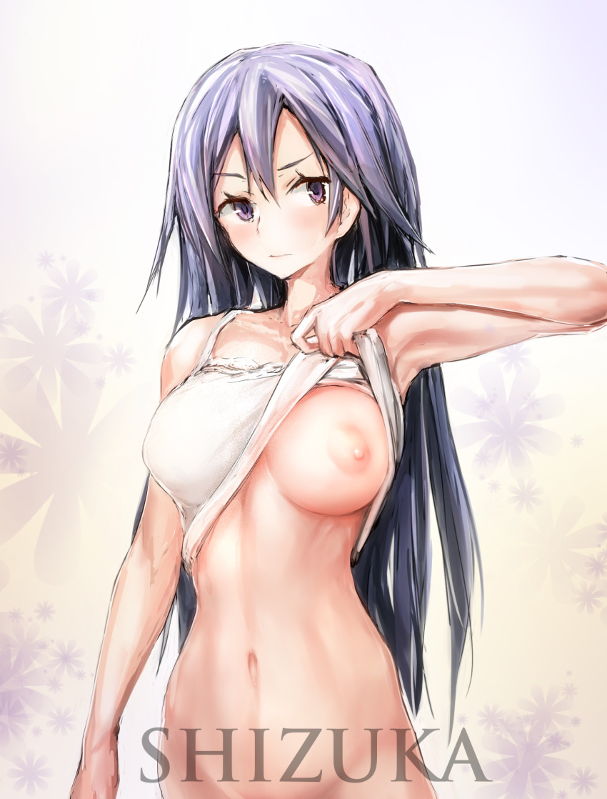 10s 1girl alluring bangs bare_shoulders big_breasts black_hair blue_hair blush breasts breasts_apart camisole character_name clothes_lift groin hanzaki high_res long_hair naked_from_the_waist_down narrow_waist nipples no_bra one_breast_out out-of-frame_censoring photo-referenced purple_eyes shirt_lift shizuka_hiratsuka sketch standing undressing very_long_hair yahari_ore_no_seishun_lovecome_wa_machigatteiru.