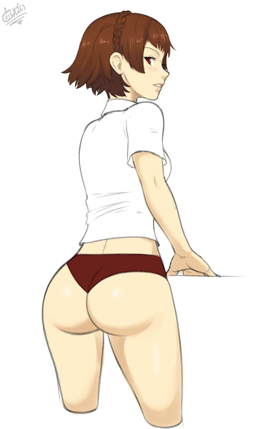 1_girl 1girl ass big_ass blush brown_hair bubble_butt buttholemagick clothed female female_only looking_at_viewer looking_back makoto_niijima panties persona persona_5 red_eyes shirt short_hair solo standing white_background