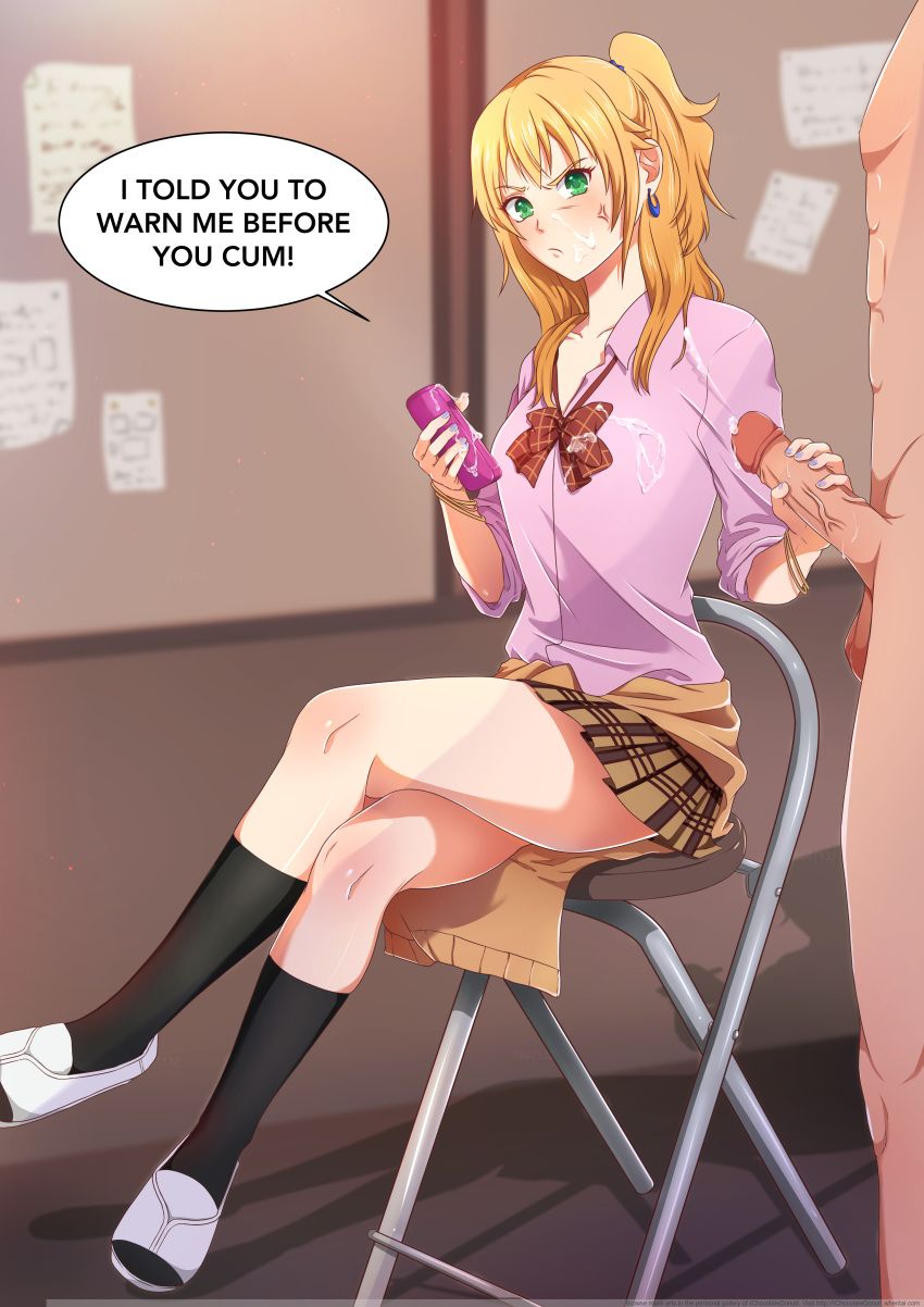 1_boy 1_girl 1boy 1girl aihara_yuzu angry blonde blonde_hair citrus citrus_(saburouta) clothed_female_nude_male crossed_legs_(sitting) cum cum_in_mouth cum_on_clothes cum_on_face cum_on_phone english_text erection female green_eyes handjob looking_at_partner male miniskirt penis penis_grab school_uniform sitting smartphone speech_bubble standing uncensored uniform veiny_penis whentai