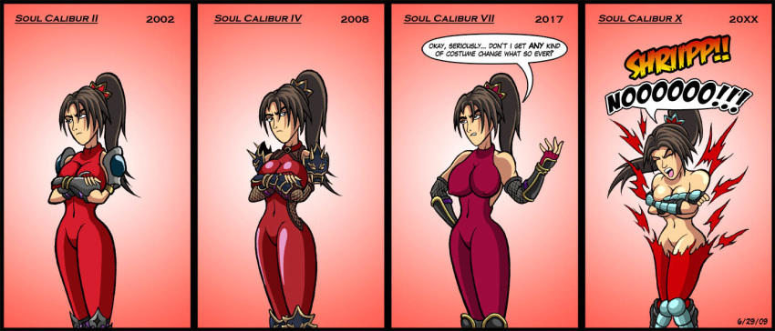 2009 cover_up covering_breasts embarrassing ponytail soul_calibur speech_bubble taki