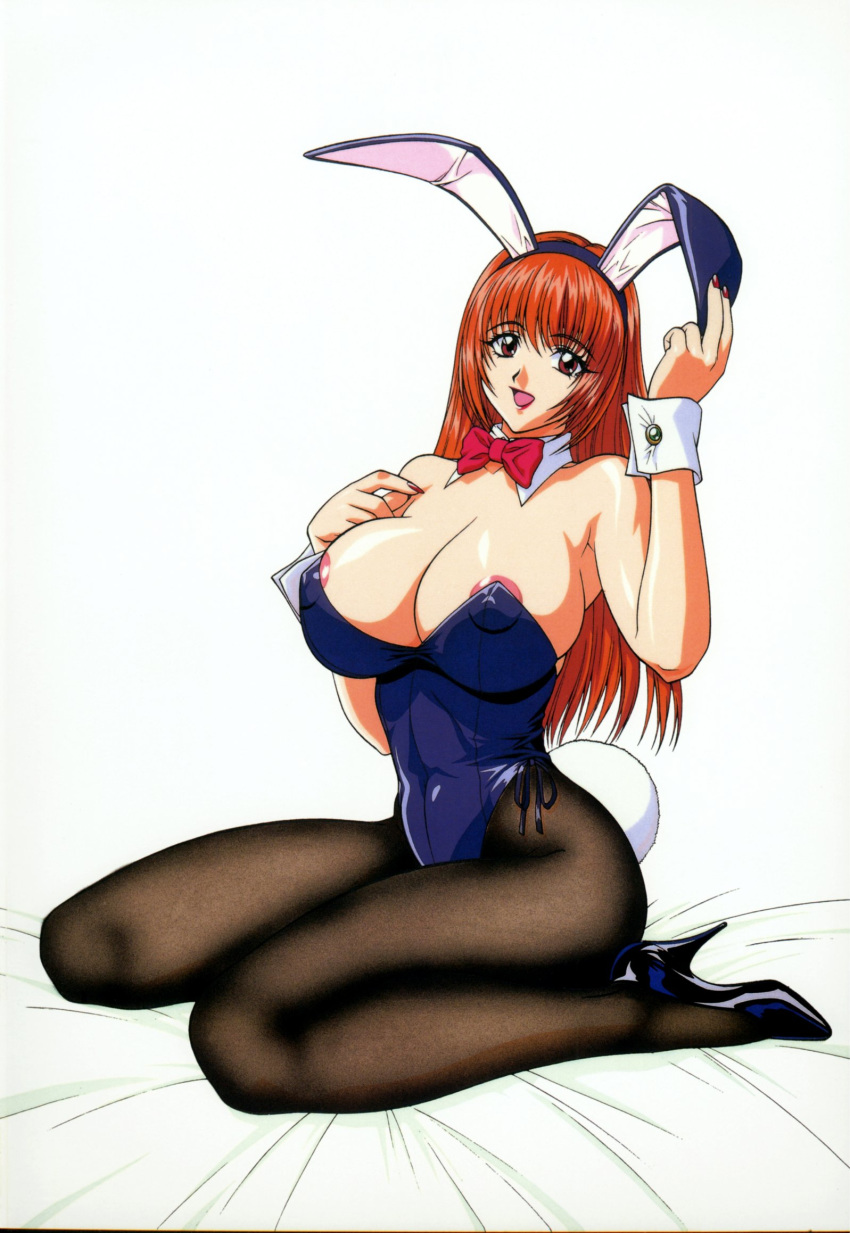 1girl animal_ears areola areola_slip areolae big_breasts bow bow_tie bowtie breasts bunny_ears bunny_tail bunnysuit character_request cleavage collar copyright_request corset cuffs curvy detached_collar high_heels highres huge_breasts inoue_takuya legs long_hair long_legs nipples one-piece one-piece_swimsuit orange_hair pantyhose red_eyes shoes simple_background solo swimsuit tail thick_thighs thighs wrist_cuffs