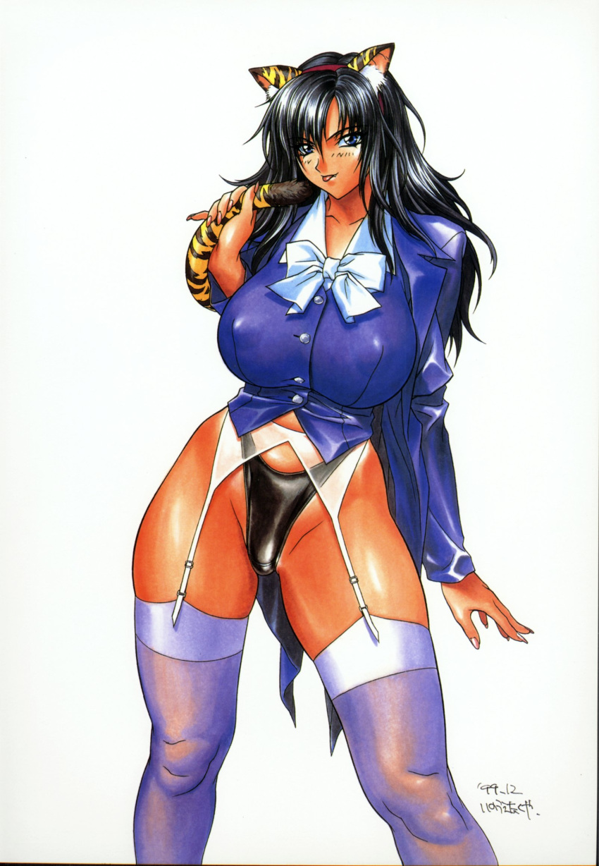 1girl animal_ears big_breasts black_hair black_thong blazer blue_eyes bottomless breasts cat_ears cat_tail copyright_request fang female_only garter_belt highres huge_breasts inoue_takuya lingerie long_hair no_pants panties solo solo_female stockings tail thick_thighs thighs thong underwear