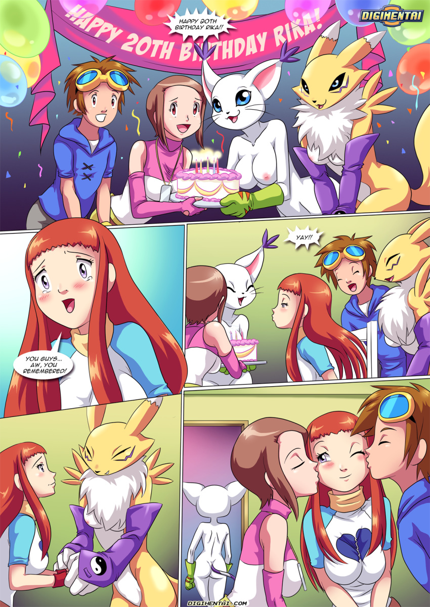 1boy 2016 4girls ^_^ anthro babe balloon banner bbmbbf big_breasts birthday birthday_cake blush breasts brown_hair cake candle canine cat chest_fur closed_eyes clothing comic confetti detailed_background digihentai digimon dog_tags door elbow_gloves english_text eyewear feline female female_anthro female_human fingerless_gloves focus_on_human food fox fur furry gatomon gloves goggles green_balloon grin hair half-closed_eyes happy happy_birthday happy_birthday_rika hikari_kamiya holding_hands human indoors jewelry kari_kamiya kiss kissing legs lips long_hair looking_at_another male male_human mammal multicolored_fur multiple_girls multiple_humans navel neck necklace nipples one_eye_closed open_mouth page palcomix palcomix_vip panel pants party red_hair renamon rika_nonaka shirt short_hair smile standing surprise takato_matsuki tank_top tears text two_tone_fur uncensored whiskers white_fur yellow_fur