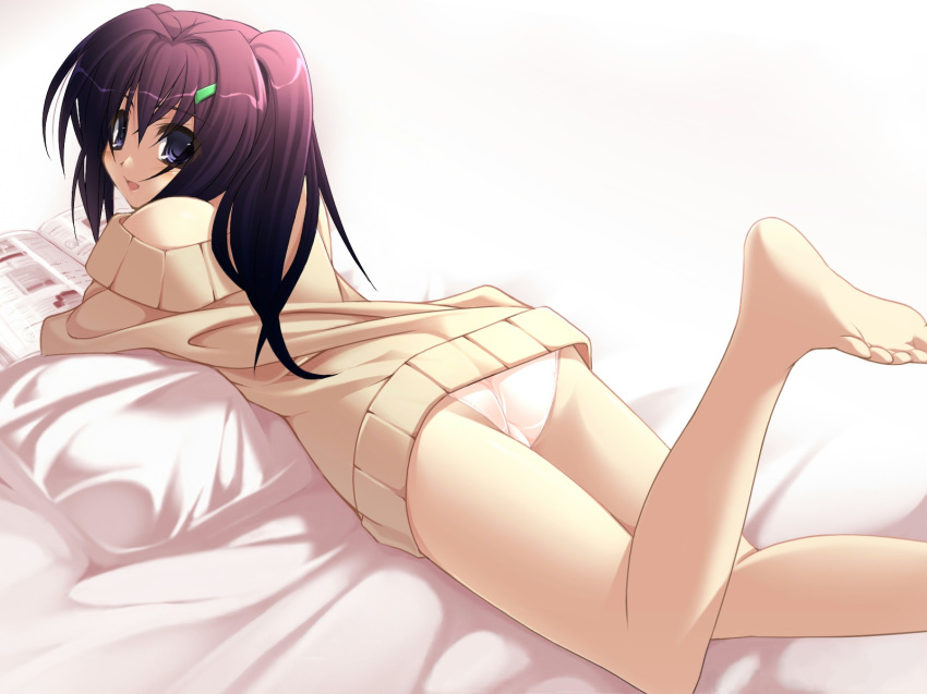 1girl ass bare_shoulders barefoot bed blue_eyes blush book feet hair_ornament hairclip hentai highres holding holding_book legs_up long_hair looking_back lying ninozen on_stomach open_book original original_character panties pantyshot pantyshot_(lying) pillow purple_hair reading reference_work simple_background solo source_request sweater the_pose third-party_source underwear wallpaper white_background white_panties