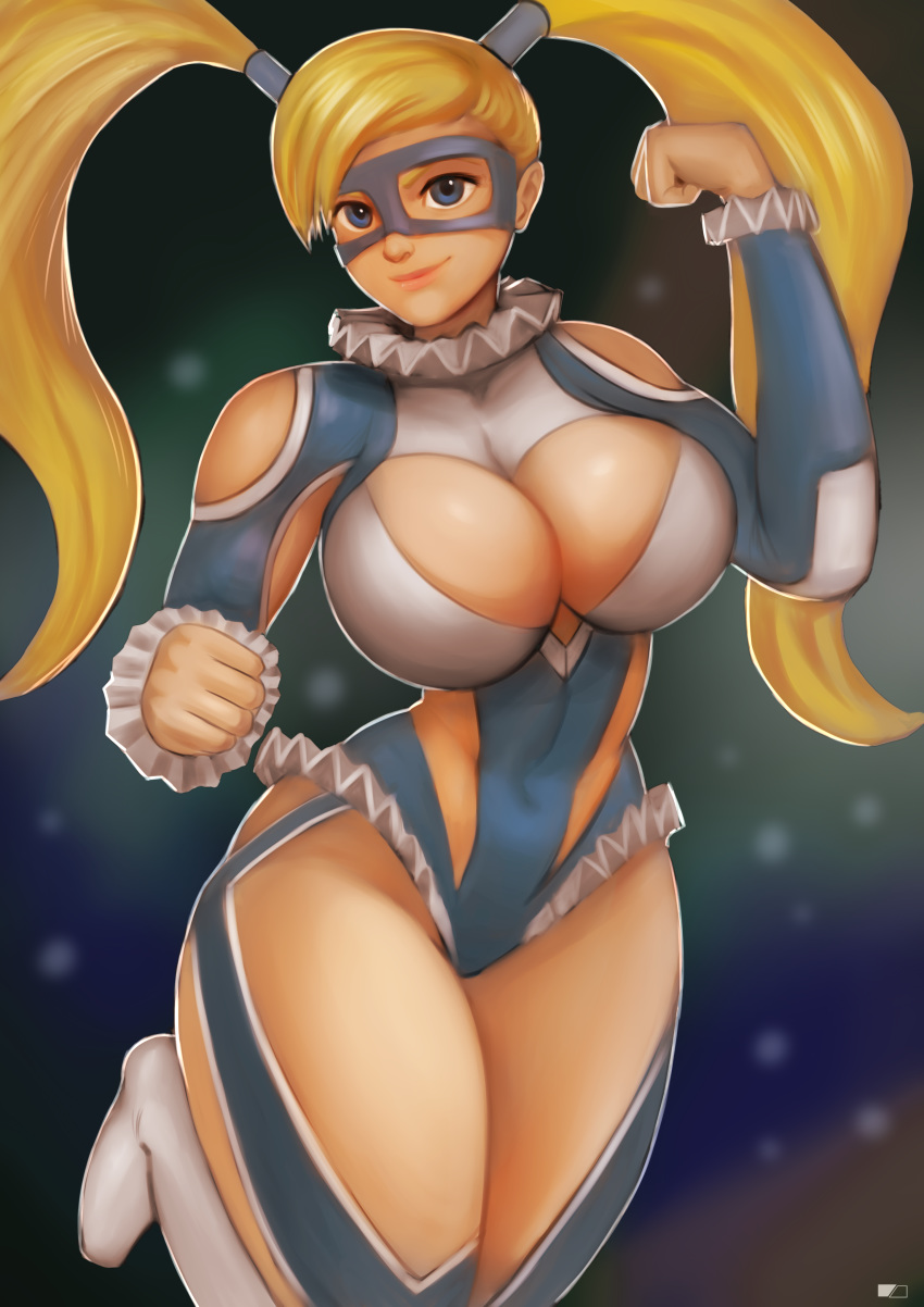 1girl arm_up blonde_hair blue_eyes boots breasts cleavage covered_navel domino_mask large_breasts leg_lift leotard looking_at_viewer rainbow_mika smile street_fighter street_fighter_v thick_thighs thighs twin_tails wide_hips