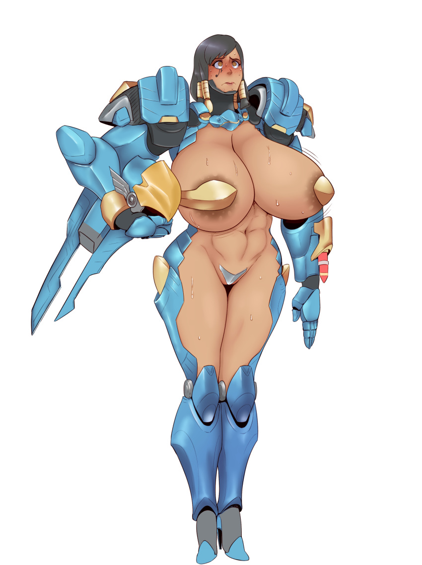 alternate_breast_size areola areola_slip armor bikini_armor black_hair blizzard_entertainment breasts_bigger_than_head breasts_out_of_clothes cowboy_shot embarrassed exhibitionism exposed_breasts eyebrows eyeliner facial_mark facial_tattoo fit_female full_body gigantic_breasts glands_of_montgomery heavy_blush helmet looking_away maebari medium_hair midriff mostly_nude muscular_female navel nervous nipple_slip open_mouth overwatch pharah_(overwatch) power_armor side_braid standing sundown sunnysundown unconvincing_armor