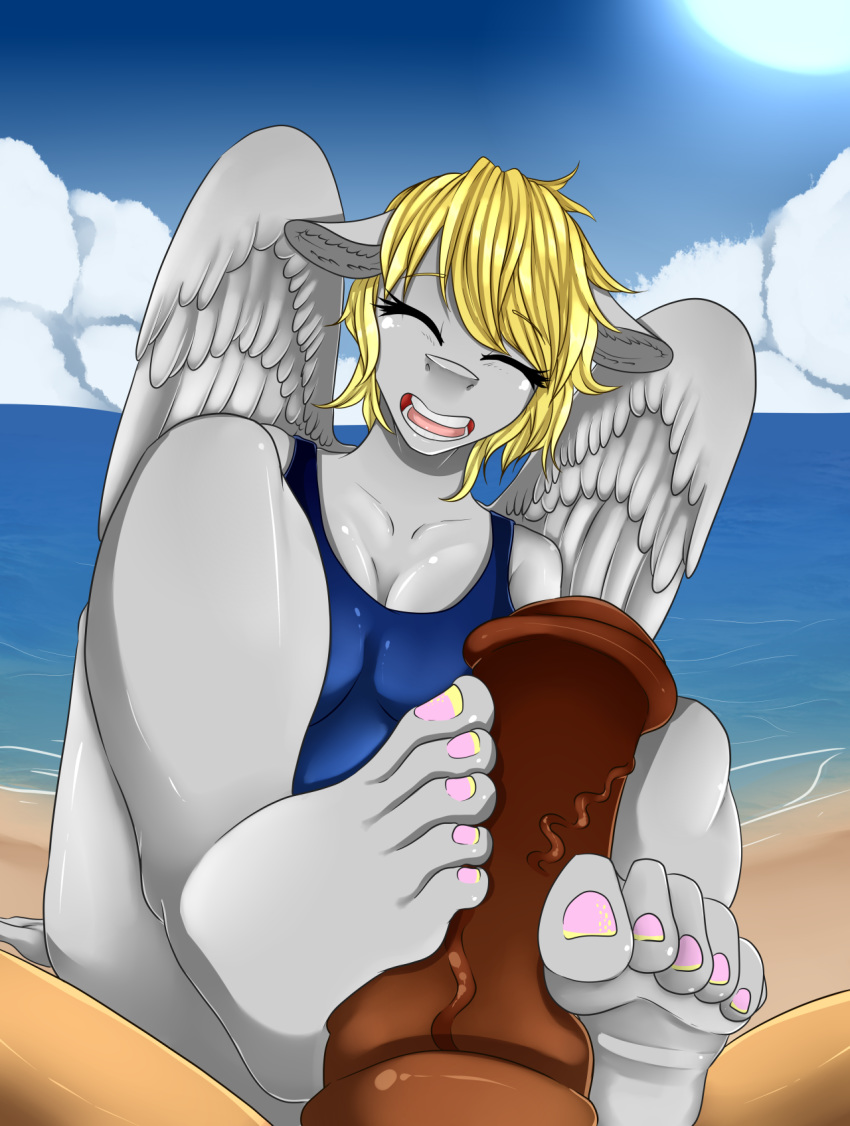 1girl animal_genitalia animal_penis anthro artsenravenbrave beach blonde_hair clothing cloud colored_nails derpy_hooves_(mlp) duo equine equine_penis feet foot_fetish footjob friendship_is_magic furry hair high_res horse laugh male male/female mammal my_little_pony open_mouth pegasus penis pony sand seaside sky smile soles sun swimsuit teeth toes tongue vein water wings