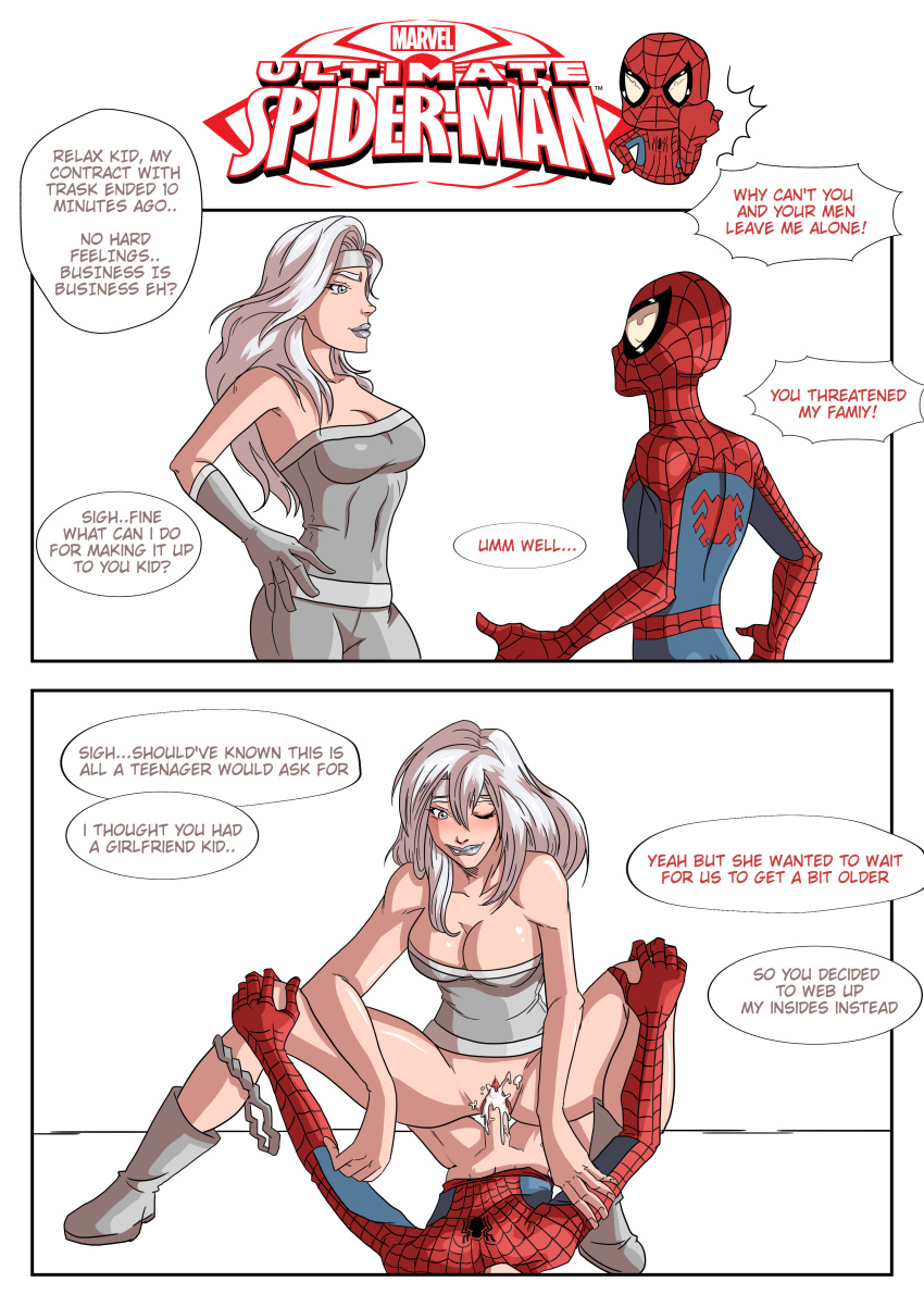 1boy 1girl breasts comic creampie cum cum_in_pussy cum_inside female male male/female marvel panties_around_leg partially_clothed peter_parker sex silver_sable spider-man spider-man_(series) ultimate_spider-man vaginal vaginal_penetration white_hair