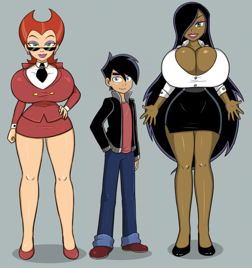1boy 2_girls age_difference black_hair black_skirt blue_eyes bursting_breasts business_suit cleavage curvy danny_fenton danny_phantom dark-skinned_female dark_hair dark_skin desiree eyeshadow full_body full_cleavage garabatoz grey_background height_difference hourglass_figure impossible_clothes impossible_clothing jacket jeans larger_female long_hair male office_lady pencil_skirt penelope_spectra purple_lipstick red_hair short_skirt side_slit size_difference skirt smaller_male smile sunglasses thick_thighs thighs thin_waist toony very_long_hair wasp_waist wide_hips