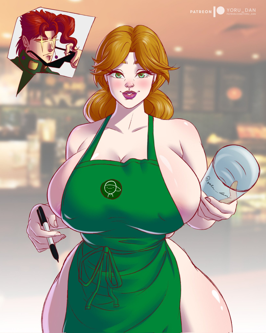 1boy 1girl age_difference anime_milf artist_signature big_breasts breasts breasts_bigger_than_head female_focus funny green_eyes holding_object holly_kujo huge_breasts humor iced_latte_with_breast_milk jojo's_bizarre_adventure lipstick meme noriaki_kakyoin patreon_username pov red_hair shounen_jump stardust_crusaders sunglasses thunder_thighs voluptuous yoru_dan younger_male
