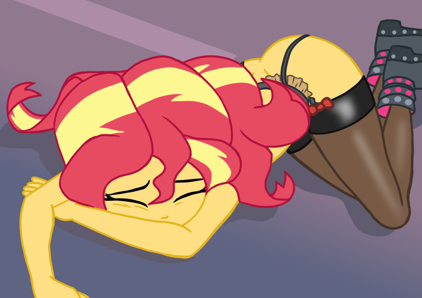 1girl closed_eyes equestria_girls female female_only friendship_is_magic garter_belt long_hair lying mostly_nude my_little_pony no_panties solo stockings sunset_shimmer sunset_shimmer_(eg)