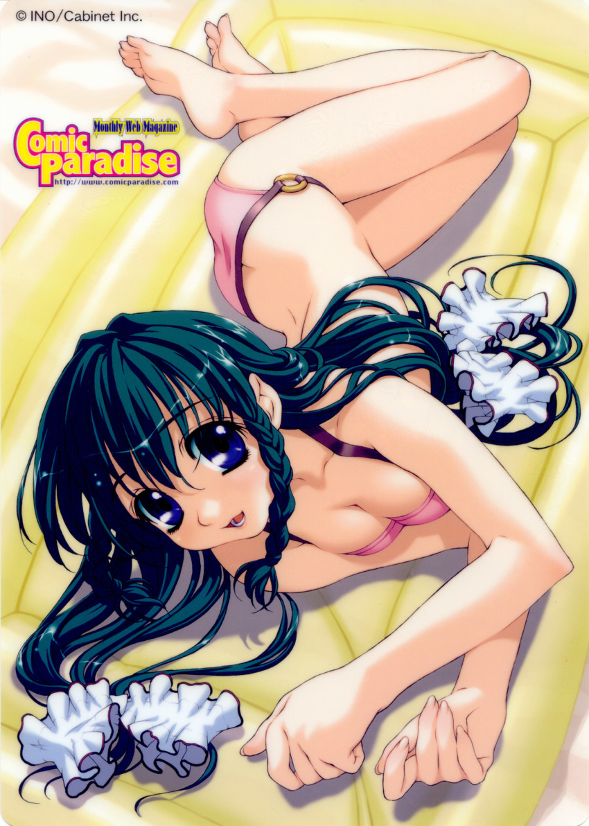 1girl ass bare_legs barefoot bikini blue_eyes braid breasts butt_crack cleavage clothing feet female green_hair happy hentai high_resolution highres ino_(magloid) large_breasts legs long_hair long_legs looking_at_viewer lying o-ring o-ring_bottom open_mouth original pink_bikini pink_swimsuit posterior_cleavage potential_duplicate scan smile soles solo swimsuit tied_hair toe-point toenails toes twin_braids