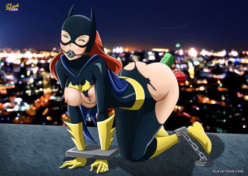 1girl all_fours anal anal_insertion ball_gag barbara_gordon batgirl batman_(series) blush bodysuit bondage breasts breathable_gag dildo dildo_in_ass dildo_in_pussy double_insertion double_penetration female female_human female_only human mask on_all_fours one_eye_closed palcomix partially_clothed red_hair slavetoon solo_female torn_bodysuit vaginal vaginal_insertion wiffle_ball_gag