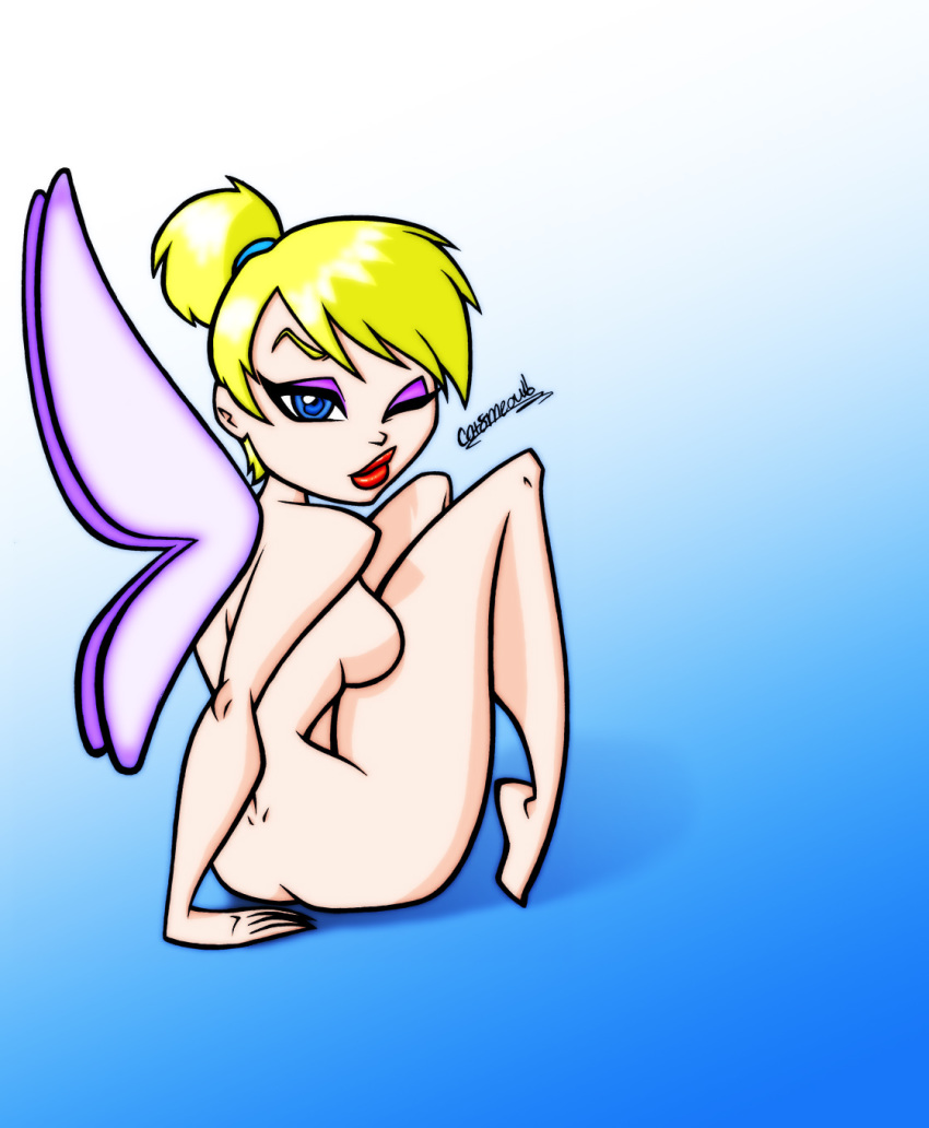 arm_support ass assesina blonde_hair blue_eyes breasts disney disney_fairies drawing fairy female lipstick nude peter_pan red_lips sideboob sitting tinker_bell wings wink zithan