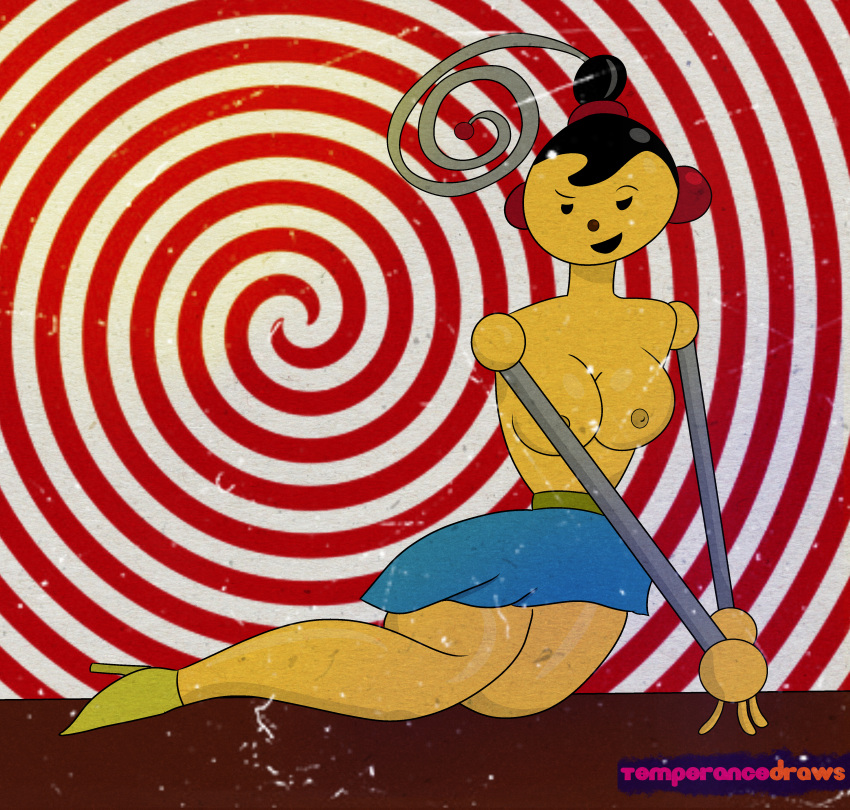 1girl 1girl antenna black_hair breasts disney female_only hypnosis lying mind_control nipples pinup polina_polie robot robot_girl rolie_polie_olie smile temperancedraws vintage yellow_skin