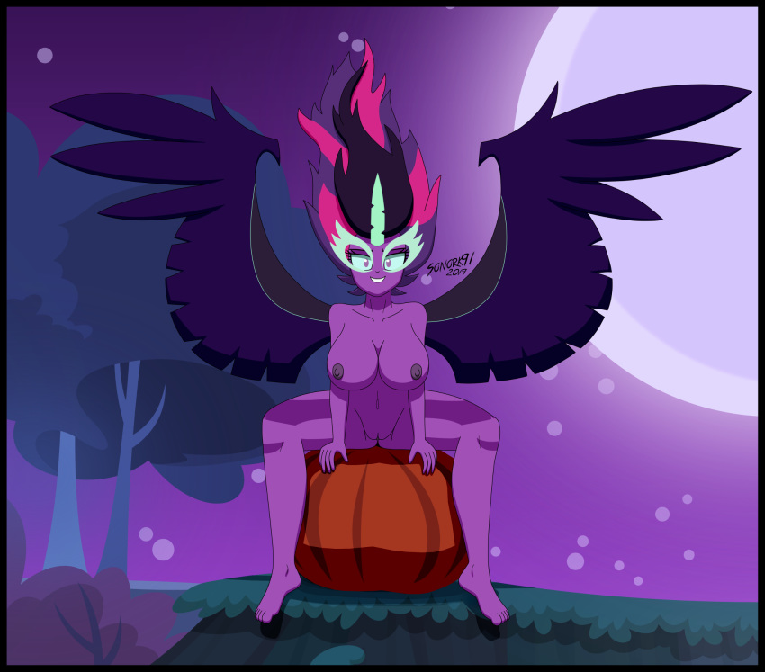 1girl breasts equestria_girls female female_only friendship_is_magic hairless_pussy horn looking_at_viewer midnight_sparkle my_little_pony nude outdoor outside pumpkin pussy sitting solo spread_legs twilight_sparkle twilight_sparkle_(mlp) wings