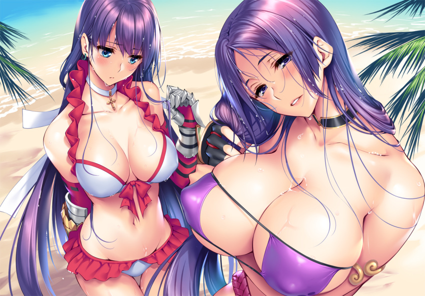 2_girls arm_under_breasts armlet arms_behind_back beach bikini black_gloves blue_eyes blush breast_hold breasts choker cleavage covered_nipples earrings elbow_gloves fate/grand_order fate_(series) fingerless_gloves frilled_bikini frills front-tie_bikini front-tie_top gauntlets gloves head_tilt huge_breasts jewelry large_breasts lips long_hair looking_at_viewer minamoto_no_raikou_(fate) minamoto_no_raikou_(swimsuit_lancer) navel outside parted_lips piromizu purple_bikini purple_hair red_gloves saint_martha saint_martha_(swimsuit_ruler) single_fingerless_glove swimsuit thigh_gap very_long_hair wet wet_hair white_bikini