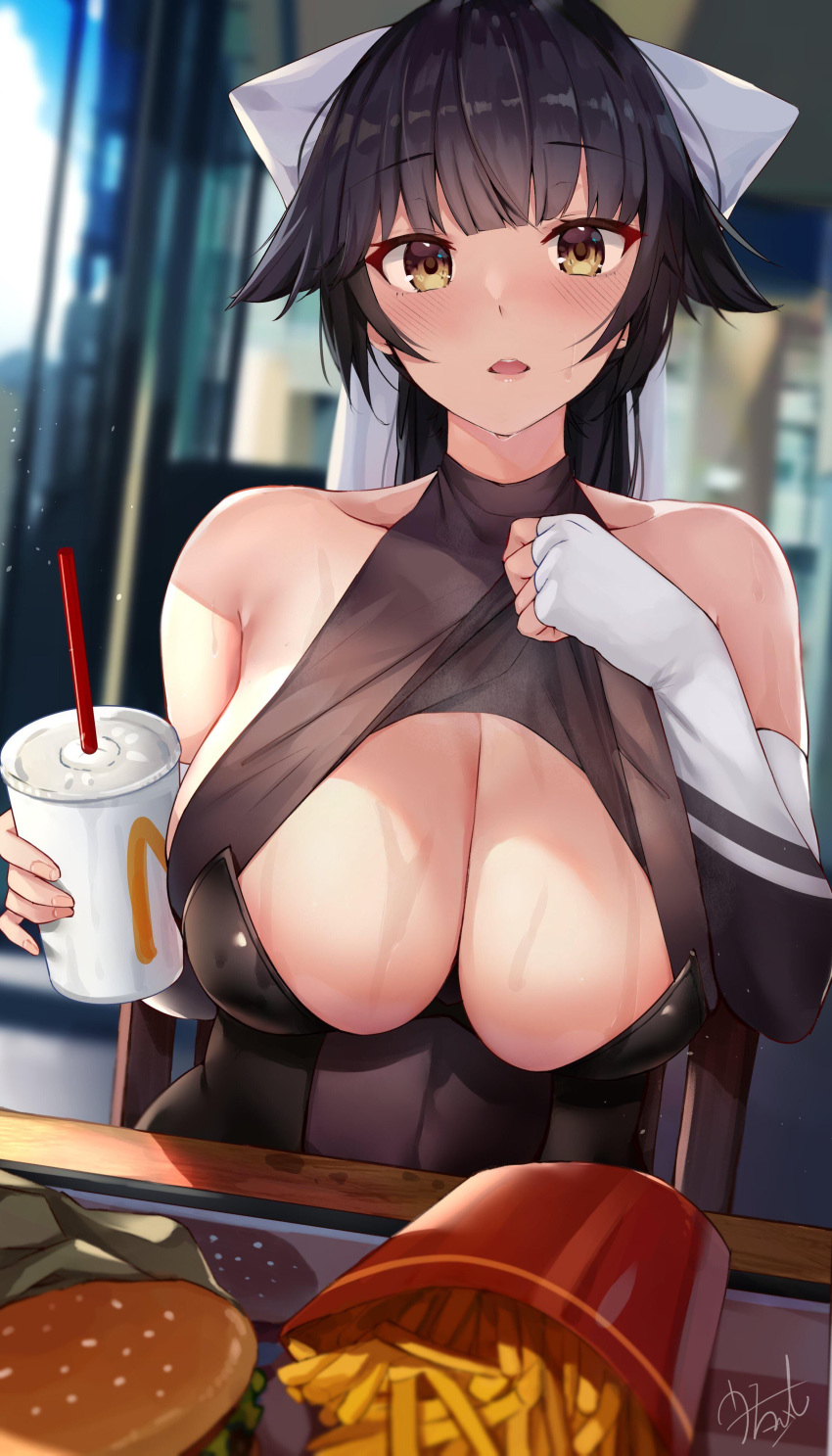 1girl absurdres azur_lane bangs bare_shoulders big_breasts black_hair black_leotard blunt_bangs blurry blurry_background blush bow breasts burger chair cleavage clothes_lift collarbone commentary_request elbow_gloves eyebrows_visible_through_hair fast_food food french_fries gloves hair_bow highres indoors large_breasts leotard lifted_by_self long_hair looking_at_viewer mcdonald's nipples open_mouth ponytail race_queen signature sitting solo strapless strapless_leotard table takao_(azur_lane) takao_(full_throttle_charmer)_(azur_lane) tray u_ronnta upper_body very_long_hair wet white_bow white_gloves yellow_eyes