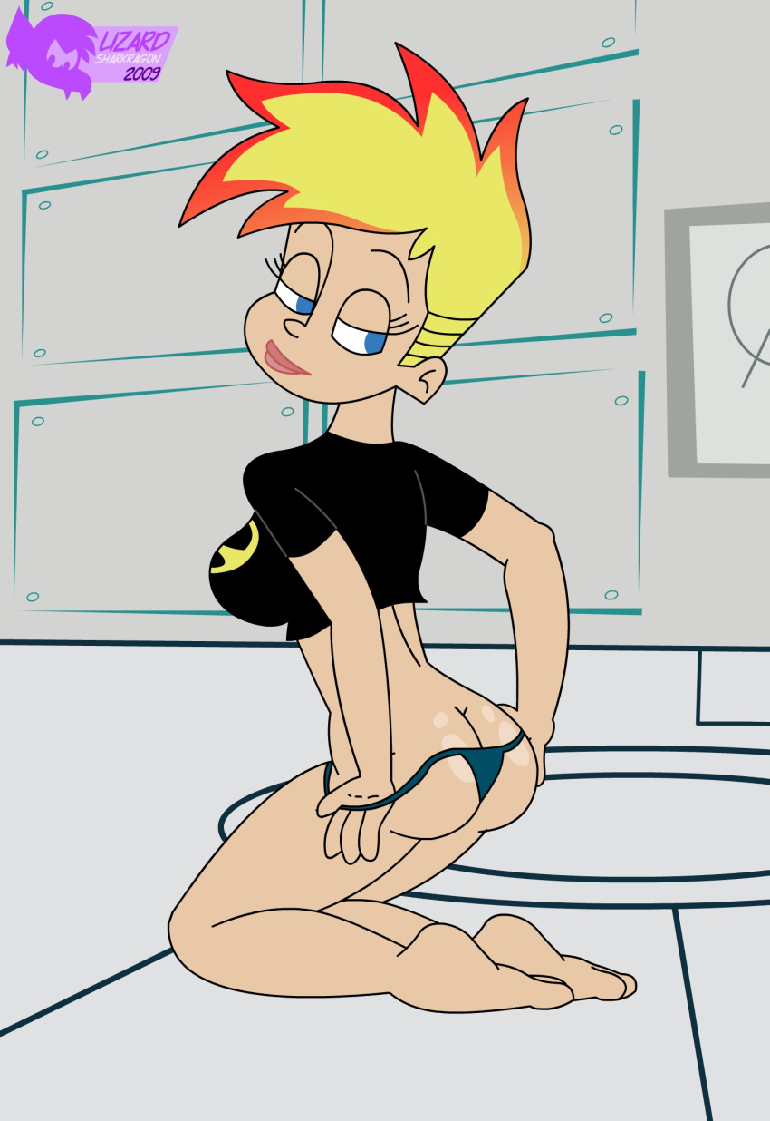 1girl ass big_breasts blue_eyes breasts female_only flame_hair genderswap jenny_test johnny_test johnny_test_(character) lizardsharkragon panties panty_pull