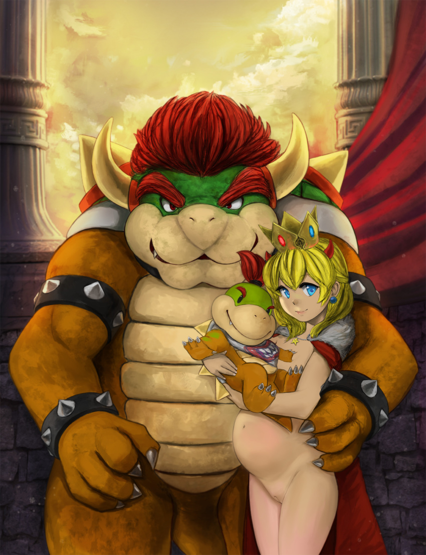1girl 2boys blonde_hair blue_eyes bowser bowser_jr crown earrings eroknight female female_human hairless_pussy koopa looking_at_viewer nude pregnant pregnant_belly princess_peach pussy standing super_mario_bros.