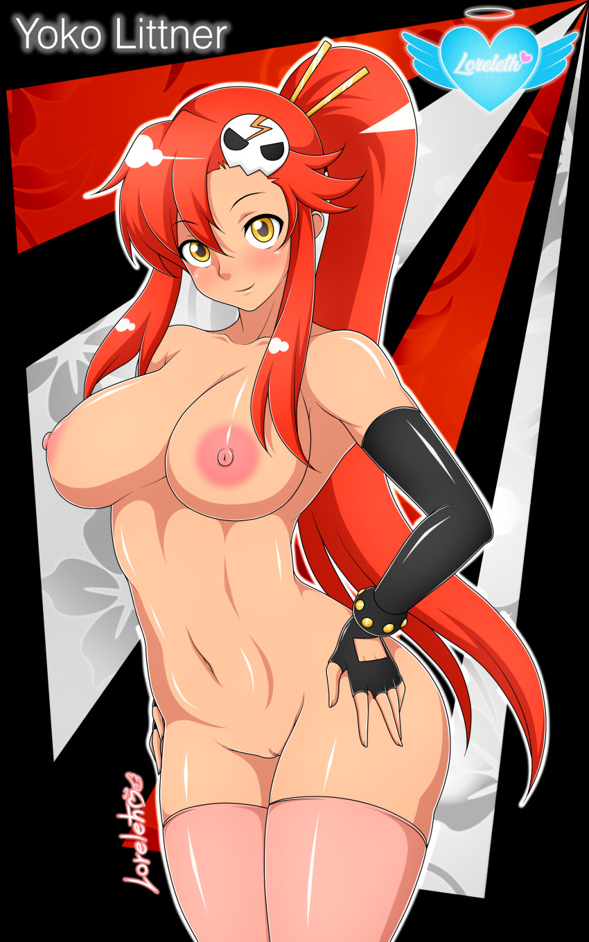 blush breasts hair_ornament hands_on_hips high_resolution looking_at_viewer loreleth nude ponytail pussy red_hair skull_hair_ornament smile stockings tengen_toppa_gurren-lagann tied_hair very_high_resolution yellow_eyes yoko_littner