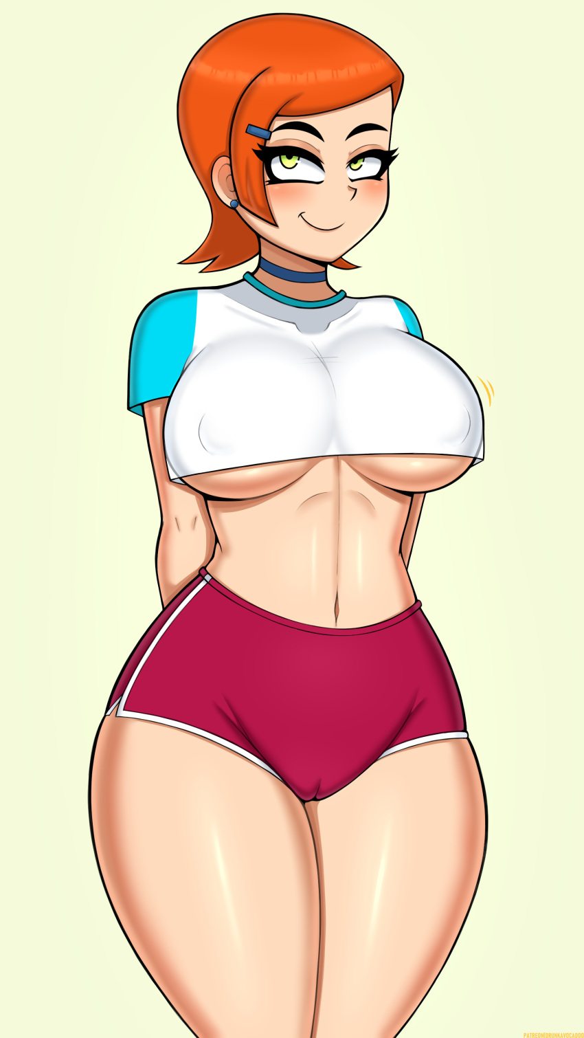 1girl 1girl 2021 aged_up arms_behind_back bare_legs belly_button ben_10 blush breasts cameltoe cartoon_network choker drunkavocado erect_nipples erect_nipples_under_clothes female_focus female_only green_eyes gwen_tennyson hairclip high_res hips huge_breasts looking_at_viewer midriff orange_hair puffy_nipples puffy_pussy red_shorts short_hair short_shorts shorts simple_background slim_waist smile thick_thighs thighs under_boob white_shirt wide_hips