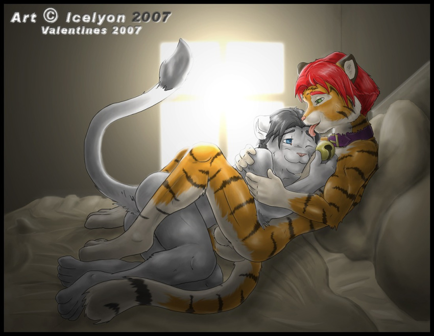 2007 bell collar couple cuddle feline icelyon icelyon_(artist) icelyon_(character) joshua licking lion male male_only tiger tongue valentine's_day yaoi