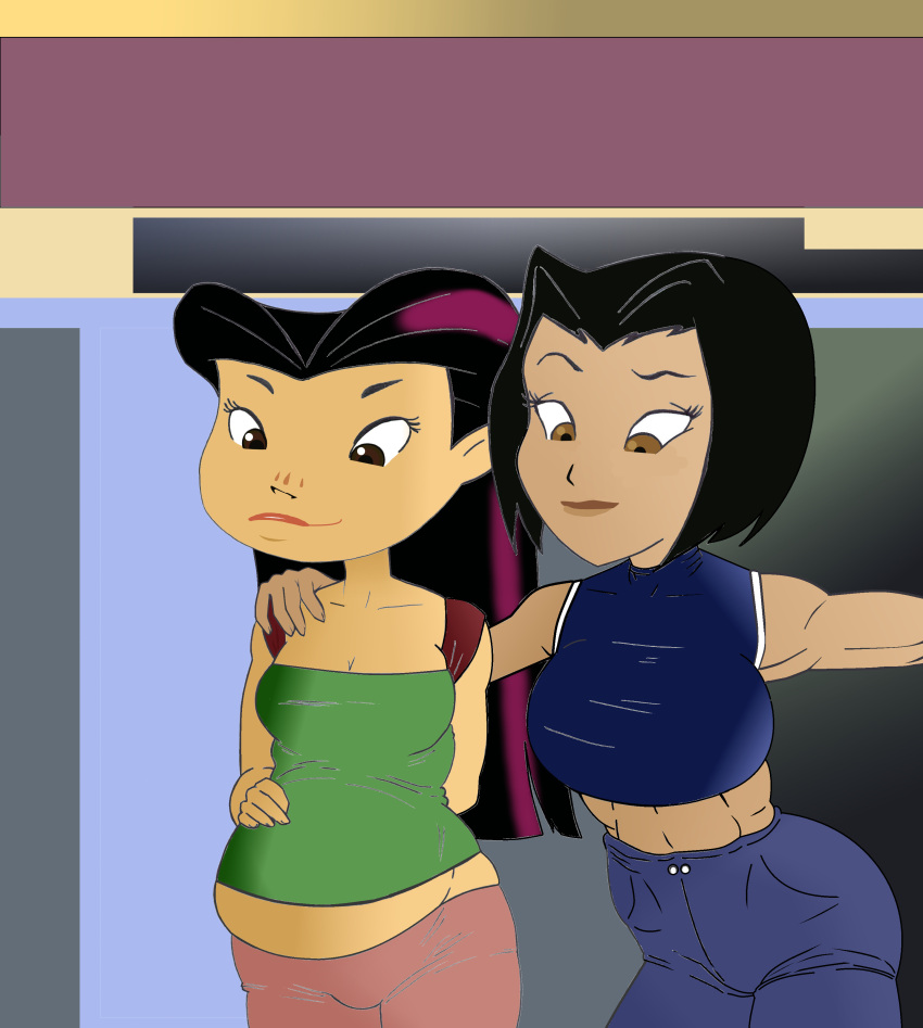 2_girls belly_bulge black_hair brown_eyes crossover derracias-35 earrings jackie_chan_adventures jade_chan juniper_lee lesbian pregnant pregnant_belly pregnant_female purple_hair smile the_life_and_times_of_juniper_lee two_tone_hair wife_and_wife yuri