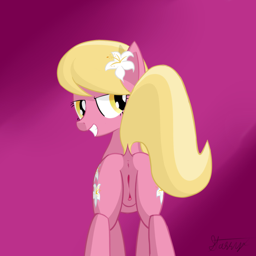 1girl anus ass blonde_mane cutie_mark earth_pony equid equine female flower_in_hair friendship_is_magic hasbro horse lily_(mlp) looking_at_viewer looking_back my_little_pony pink_fur pony presenting_hindquarters pussy solo standing tail yellow_eyes