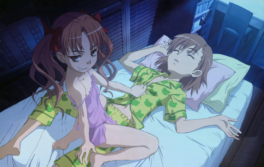 2girls :3 absurdres bare_shoulders barefoot bed bow brown_eyes brown_hair chemise closed_eyes detexted flat_chest from_above girl_on_top grin hair hair_bow hands hataike_hiroyuki highres lingerie long_hair looking_back lying midriff misaka_mikoto moonlight multiple_girls naughty_face navel night no_bra official_art on_back pajamas panties perspective pillow ribbon saliva see-through shirai_kuroko short_hair sleeping smile strap_slip to_aru_kagaku_no_railgun to_aru_majutsu_no_index twintails unbuttoned underwear undressing you_gonna_get_raped yuri