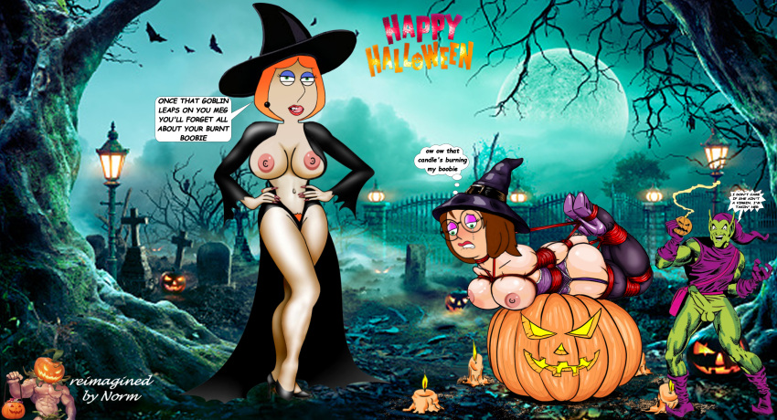 breasts family_guy green_goblin halloween jack-o'-lantern lois_griffin meg_griffin norm normal9648 norman_osborn tied_up witch_costume