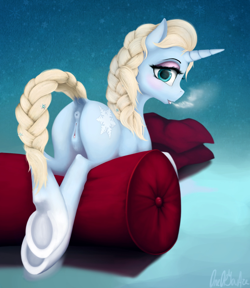 1girl anus ass blue_eyes blush braided_hair braided_tail crossover cutie_mark elsa elsa_(frozen) female female_only female_unicorn friendship_is_magic frozen_(movie) horn looking_at_viewer my_little_pony oneofyouare ponification pony pussy solo tail unicorn