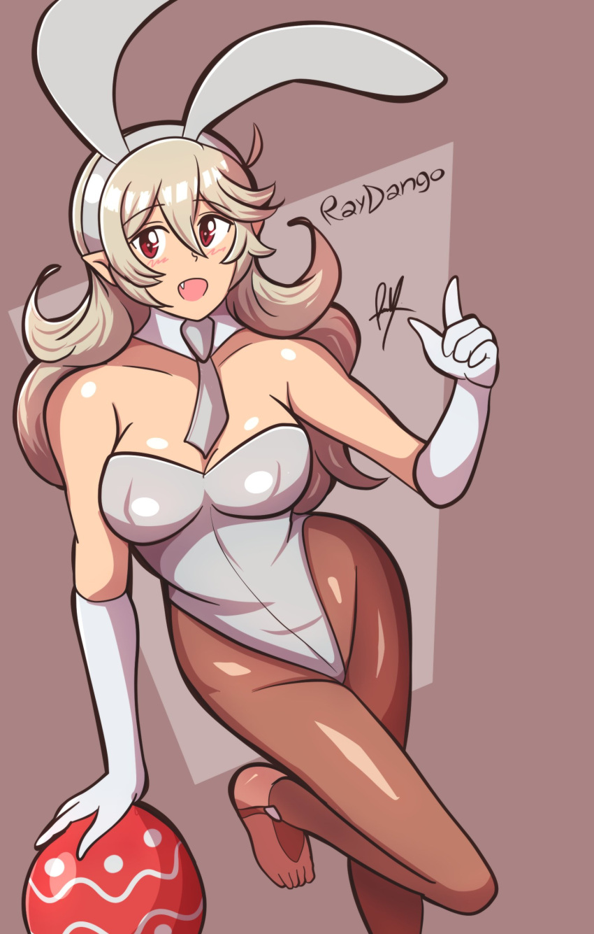 1girl 1girl alluring bare_shoulders barefoot big_breasts blonde_hair blush bunny_ears bunny_girl bunnysuit cleavage corrin_(fire_emblem) corrin_(fire_emblem)_(female) easter easter_egg egg fire_emblem fire_emblem_fates gloves long_hair looking_at_viewer nintendo open_mouth open_smile raydango red_eyes smile solo_female