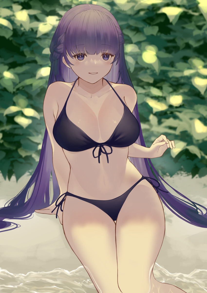 1girl 1girl 1girl absurd_res alluring alternate_costume arm_at_side bangs beach big_breasts bikini black_bikini black_swimsuit braid breasts commission eyebrows_visible_through_hair female_only fire_emblem fire_emblem:_the_binding_blade front-tie_bikini front-tie_top halterneck high_res light_smile long_hair looking_at_viewer nintendo outside parted_lips purple_eyes purple_hair samidareame side-tie_bikini side_braid sitting skeb_commission sophia_(fire_emblem) swimsuit very_long_hair