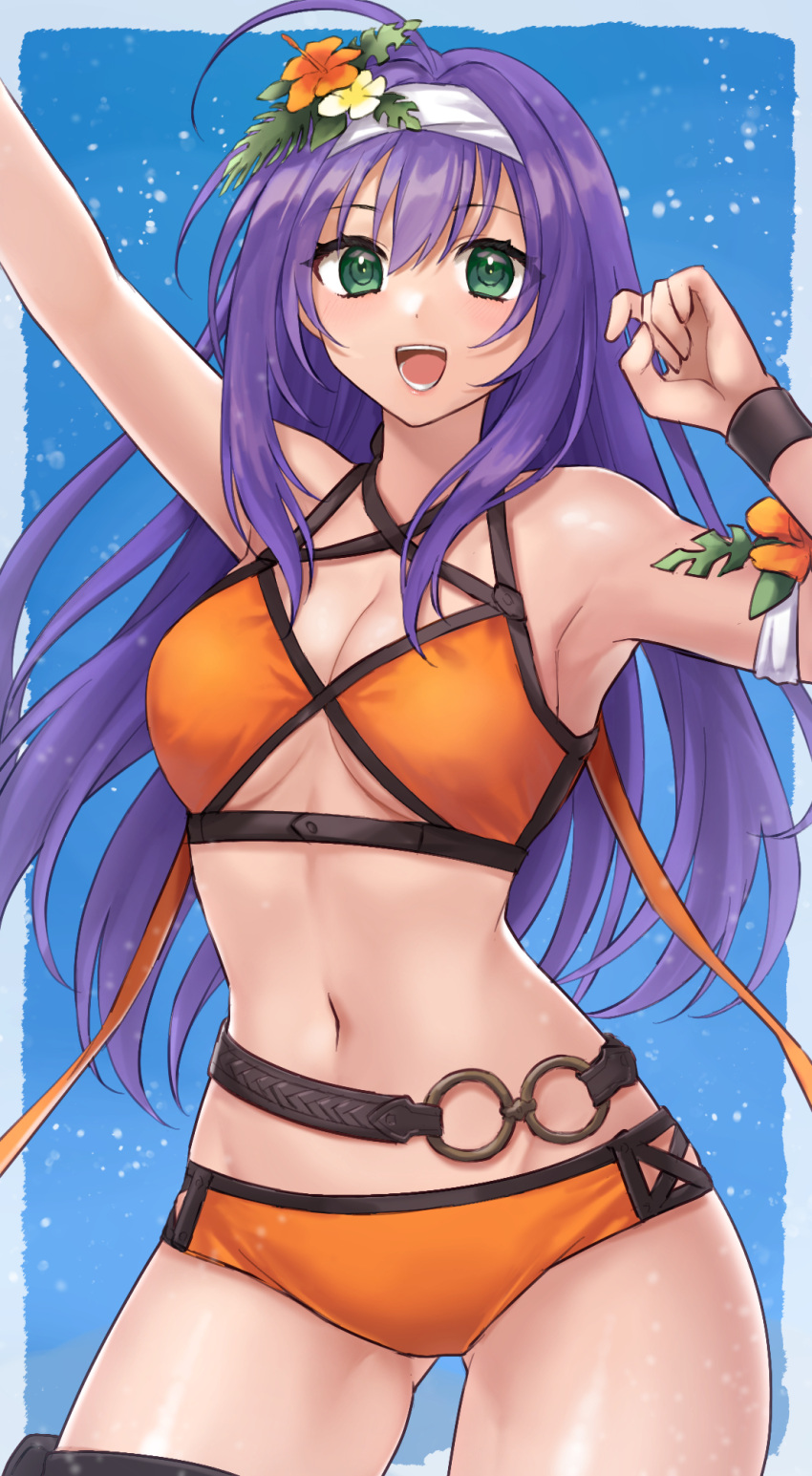 1girl 1girl 1girl ahoge alluring alternate_costume arm_up bare_shoulders belt big_breasts bikini black_belt breasts cleavage commentary_request cowboy_shot female_only fire_emblem fire_emblem:_path_of_radiance fire_emblem:_radiant_dawn fire_emblem_heroes green_eyes hairband hand_up hazuki_(nyorosuke) high_res long_hair mia_(fire_emblem) mia_(summer)_(fire_emblem) navel nintendo official_alternate_costume orange_bikini orange_swimsuit purple_hair standing stomach swimsuit thighs under_boob very_long_hair white_hairband