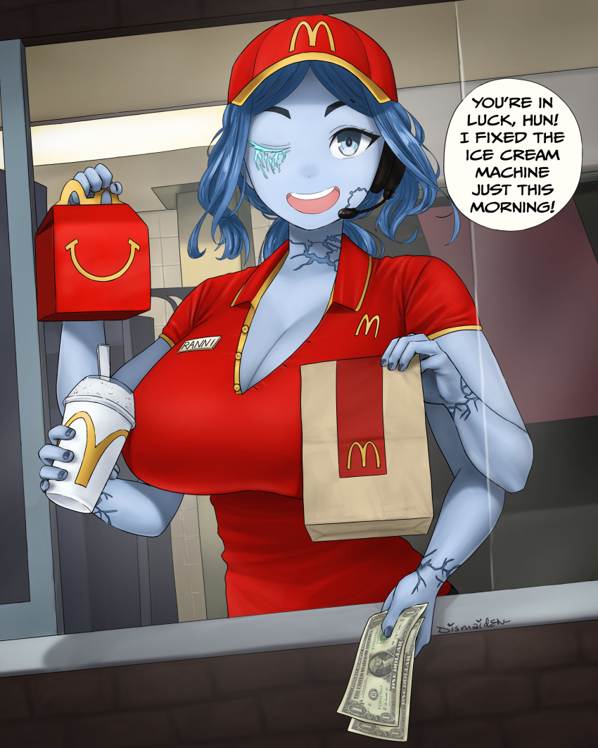 1girl absurd_res blue_eyes blue_hair blue_skin breasts cleavage colored_skin dismaiden elden_ring employee_uniform english_text extra_arms fast_food fast_food_uniform food happy_meal headset huge_breasts ice_cream looking_at_viewer mcdonald's microphone money open_mouth polo_shirt ranni_the_witch red_shirt shirt short_sleeves twitter_link twitter_username unbuttoned unbuttoned_shirt uniform upper_teeth upper_teeth_only
