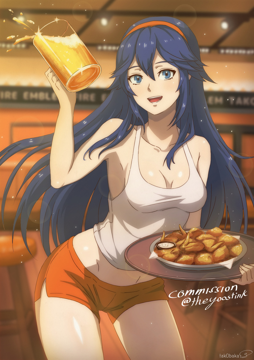 1girl 1girl 1girl :d absurd_res alluring alternate_costume beer_mug blue_eyes blue_hair blurry blurry_background breasts chicken_(food) collarbone commission contrapposto cup drinking_glass female_only fire_emblem fire_emblem_awakening food hairband hand_up high_res holding holding_cup holding_tray hooters indoors light_particles long_hair looking_at_viewer lucina lucina_(fire_emblem) mug nintendo orange_hairband orange_shorts plate restaurant short_shorts shorts small_breasts smile stool symbol-shaped_pupils symbol_in_eye tak0baka tank_top thighs tray waitress white_tank_top