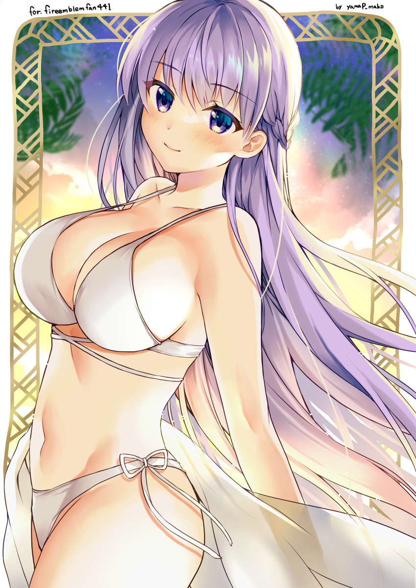 1girl 1girl 1girl absurd_res alluring alternate_breast_size bare_arms bare_shoulders big_breasts big_breasts bikini blush braid breasts cleavage collarbone commission cowboy_shot fire_emblem fire_emblem:_the_binding_blade halterneck high_res leaf long_hair looking_at_viewer midriff navel nintendo outside purple_eyes purple_hair signature skeb_commission sky sophia_(fire_emblem) stomach string_bikini swimsuit thighs very_long_hair white_bikini yam_(yamap_mako)