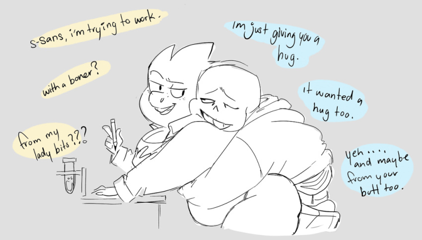 1boy 1boy1girl 1girl 1girl1boy 2017 alphys alphys_(undertale) animated_skeleton anthro breast_grab clothed duo english_text female_anthro from_behind grabbing_breasts grabbing_from_behind hetero holding_object holding_pencil hoodie hugged_from_behind hugging hugging_from_behind implied_erect_penis implied_erection lab_coat labcoat lameandashamed lizard lizard_girl male male/female monochrome monster pencil reptile reptile_girl salphys sans sans_(undertale) sansphys scalie skeleton straight test_tube text undead undertale undertale_(series)