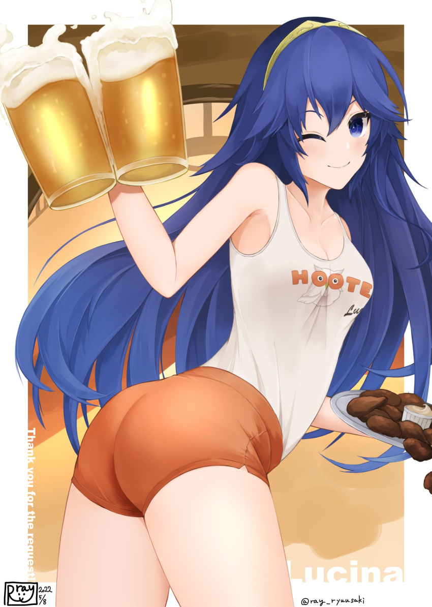 1girl 2022 ;) alcohol alluring alternate_costume ass bare_thighs beer beer_mug big_ass birthmark blue_eyes blue_hair breasts character_name cleavage collarbone commission cup female_only fire_emblem fire_emblem_awakening food glass high_res hooters indoors looking_at_viewer looking_back lucina lucina_(fire_emblem) medium_breasts mug nintendo one_eye_closed orange_shorts ray_ryuusaki ryuusaki_rei shirt short_shorts shorts signature skeb_commission sleeveless sleeveless_shirt small_breasts smile source_larger symbol-shaped_pupils tank_top thick_thighs thighs tiara tight twitter_username waitress white_shirt wink