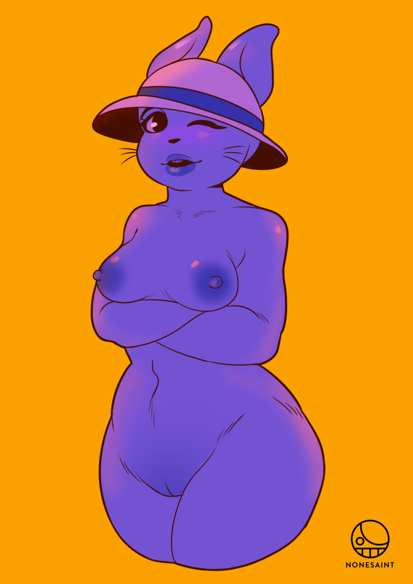 1girl 2019 anthro anthro_only arms_crossed arms_under_breasts artist_logo breasts bunny crossed_arms female_anthro female_only hat hat_only lagomorph mature mature_female milf monster monster_girl naked_female nipples nonesaint nude nude_female one_eye_closed orange_background purple_fur rabbit rabbit_shopkeeper rabbit_shopkeeper_(undertale) simple_background snowdin_shopkeeper solid_color_background solo solo_female undertale undertale_(series) wide_hips wink