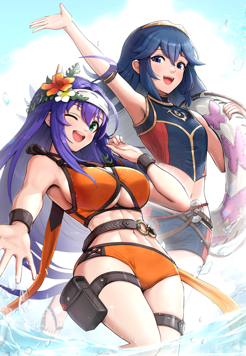 2girls ;d absurd_res ahoge alluring ass_visible_through_thighs bare_shoulders belt big_breasts bikini blue_bikini blue_eyes blue_hair blush breasts clothing_cutout day dutch_angle feet_out_of_frame female_only fire_emblem fire_emblem:_path_of_radiance fire_emblem:_radiant_dawn fire_emblem_awakening fire_emblem_cipher fire_emblem_heroes flower glint gonzarez green_eyes hair_flower hair_ornament hairband hibiscus high_res innertube jumping lens_flare long_hair looking_at_viewer lucina lucina_(fire_emblem) lucina_(summer)_(fire_emblem) mia_(fire_emblem) mia_(summer)_(fire_emblem) multiple_girls navel nintendo official_alternate_costume one_eye_closed open_mouth orange_bikini orange_flower outside purple_hair shorts simple_background small_breasts smile splashing standing stockings sunlight swimsuit symbol-shaped_pupils thigh_pouch thigh_strap thighs tiara under_boob underboob_cutout very_long_hair water wet white_background white_hairband wristband