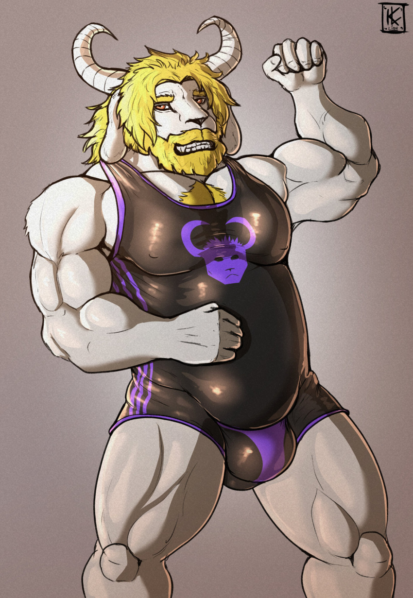 1boy 2d 2d_(artwork) anthro anthro_only asgore_dreemurr beard big_bulge blonde_hair bovid bulge caprine chest_tuft clothing digital_media_(artwork) dilf facial_hair flexing flexing_bicep fur goat gradient_background hair high_res horn kirlanlion leotard looking_at_viewer male male_anthro male_only mammal mature mature_anthro mature_male muscle musclegut muscular muscular_anthro muscular_male shirt singlet smile smiling_at_viewer solo_anthro solo_male tank_top third-party_source topwear tuft undertale undertale_(series) video_game_character video_game_franchise video_games white_body white_fur yellow_eyes