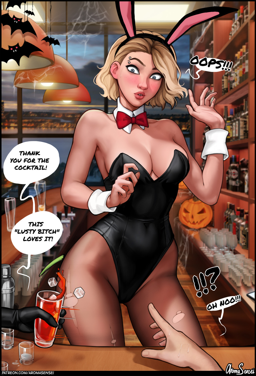 1_boy 1boy 2_girls 2girls aroma_sensei bar black_leotard blonde blonde_hair breasts bunny_ears bunny_girl bunny_tail bunnysuit cocktail crossover dialogue disney elsa elsa_(frozen) eyebrow_piercing female frozen_(movie) ghost_spider gwen_stacy gwendolyn_maxine_stacy halloween indoors leotard looking_at_viewer male male_pov marvel marvel_comics pantyhose partially_clothed piercing pumpkin speech_bubbles spider-gwen spider-man:_into_the_spider-verse spider-man_(series) surprised