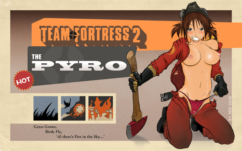 1680x1050 axe big_breasts boots braids breasts crouching female gas_mask genderswap grin grinning hair highres on_knees overall panties pubic_hair pussy_juice pyro pyro_(team_fortress_2) red_slug rubber_gloves tan_line tattoo team_fortress team_fortress_2 the_pyro thong topless underwear weapon wet_panties wet_pussy