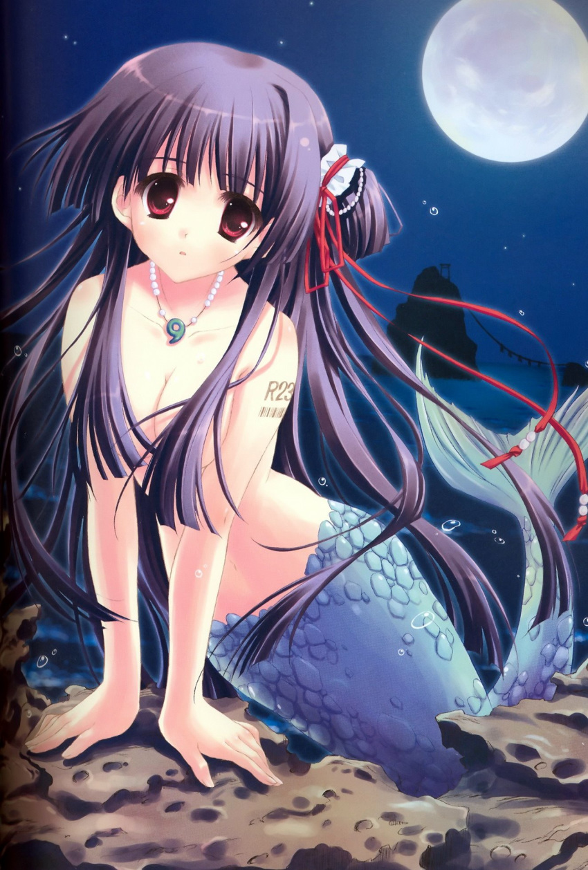 1girl arm_support barcode blush breast_squeeze breasts cleavage full_moon hair_ornament hair_over_breasts high_res highres jewelry kneeling long_hair looking_at_viewer magatama mermaid monster_girl moon narrow_waist necklace night nude ocean parted_lips pearl_necklace purple_hair red_eyes rock ryohka ryouka_(suzuya) scales scan sea solo topless torii v_arms very_long_hair water_drop
