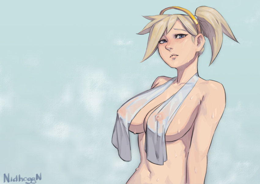 1girl angela_ziegler arm_support blonde_hair blue_eyes breasts cleavage hair_ornament high_ponytail large_breasts mercy_(overwatch) navel nipples overwatch ponytail see-through upper_body